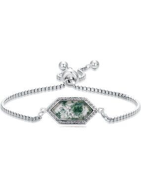 Natural Moss Agate Gemstone Bracelet in 925 Sterling Silver - Adjustable Hexagon
